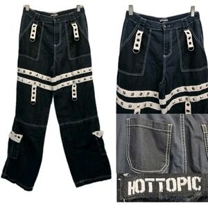 Y2K HOT TOPIC Black Wide Leg Cargo Sz 3 Wide-Leg Pants Straps Alt Emo Goth 3124